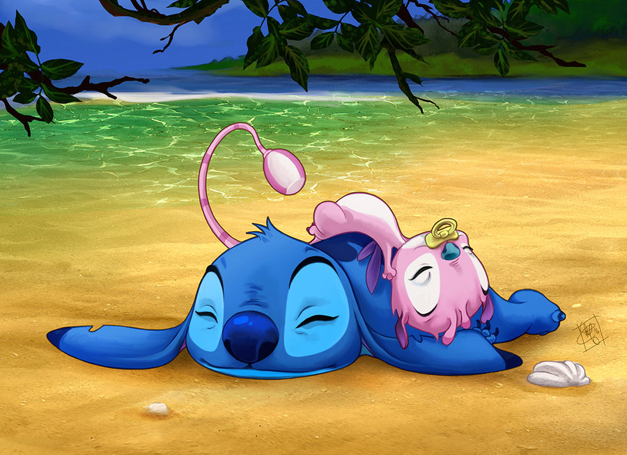 2012 3_fingers alien antennae babyfier beach blue_claws blue_fur blue_nose claws clefchan cute detailed_background digital_media_(artwork) disney duo experiment_(species) eyes_closed fur head_tuft lilo_and_stitch lying notched_ear on_back on_front pacifier philtrum pink_fur pink_tail purple_wings rattle sand seashell seaside signature sleeping smile stitch striped_tail stripes wings