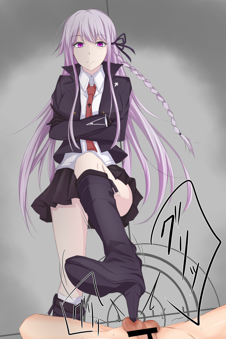 1boy 1girl bdsm black_boots bootjob boots cbt censor_bar censored crotch_kick crotch_stomp danganronpa danganronpa_1 footjob groin_kick hair_ornaments hair_ribbon high_heel_boots kirigiri_kyouko long_hair looking_down necktie piro_(iiiiiiiiii) purple_hair ribbon shoejob shoes simple_background skirt solo_focus standing stepped_on torture violet_eyes