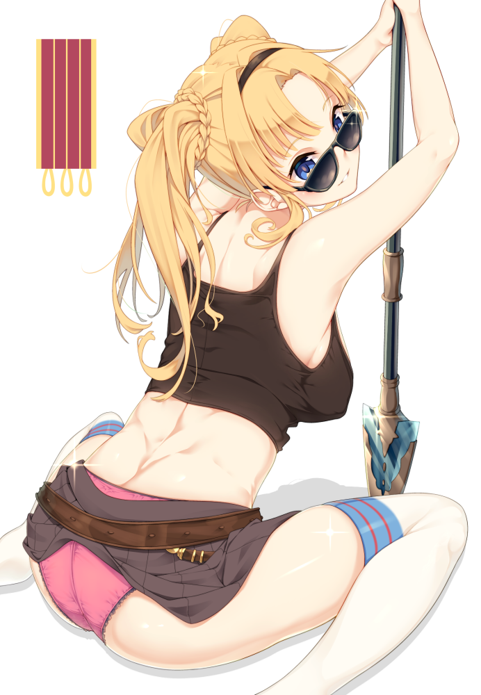 ass bangs bare_arms bare_shoulders blonde_hair blue_eyes blush breasts brown_skirt crop_top eyewear_on_head from_behind granblue_fantasy hair_ornament hairband head_tilt large_breasts leaning_forward long_hair looking_at_viewer midriff miniskirt panties pantyshot pantyshot_(sitting) parted_bangs parted_lips pink_panties polearm sitting skirt solo spear sunglasses thighhighs thighs twintails underwear wariza wavy_hair weapon yoshikanakamura zeta_(granblue_fantasy)