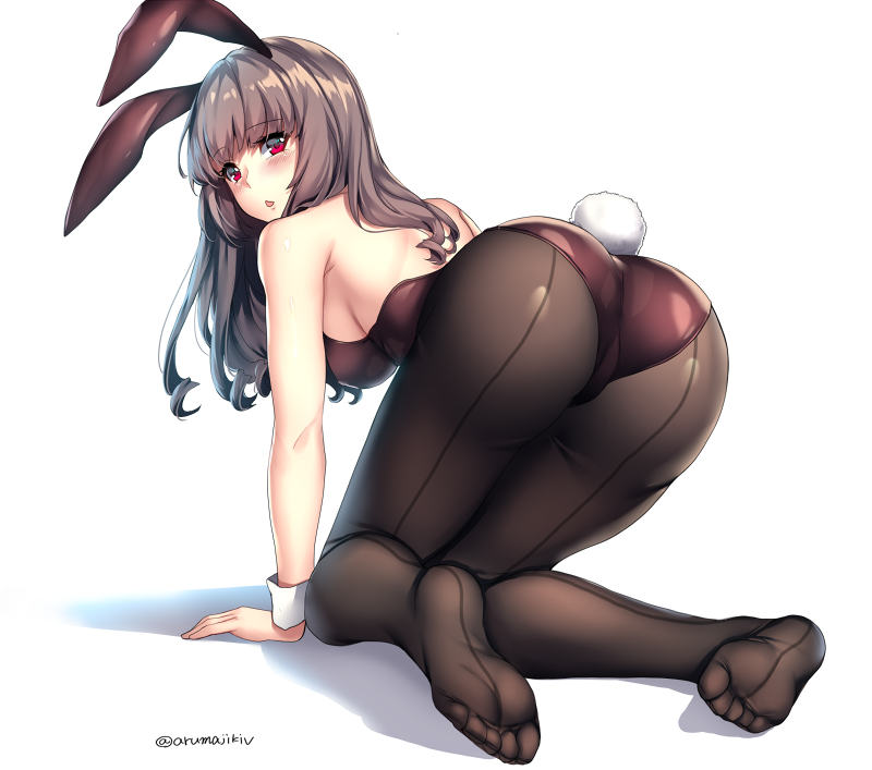 :o all_fours animal_ears aruma_jiki ass back-seamed_legwear bangs bare_arms bare_shoulders blunt_bangs blush breasts brown_hair brown_legwear brown_leotard bunny_ears bunny_girl bunny_tail bunnysuit commentary_request curly_hair eyebrows_visible_through_hair feet foreshortening from_behind full_body hanging_breasts large_breasts leotard long_hair looking_back no_shoes open_mouth original pantyhose red_eyes red_leotard seamed_legwear sideboob simple_background soles solo tail toes twitter_username white_background