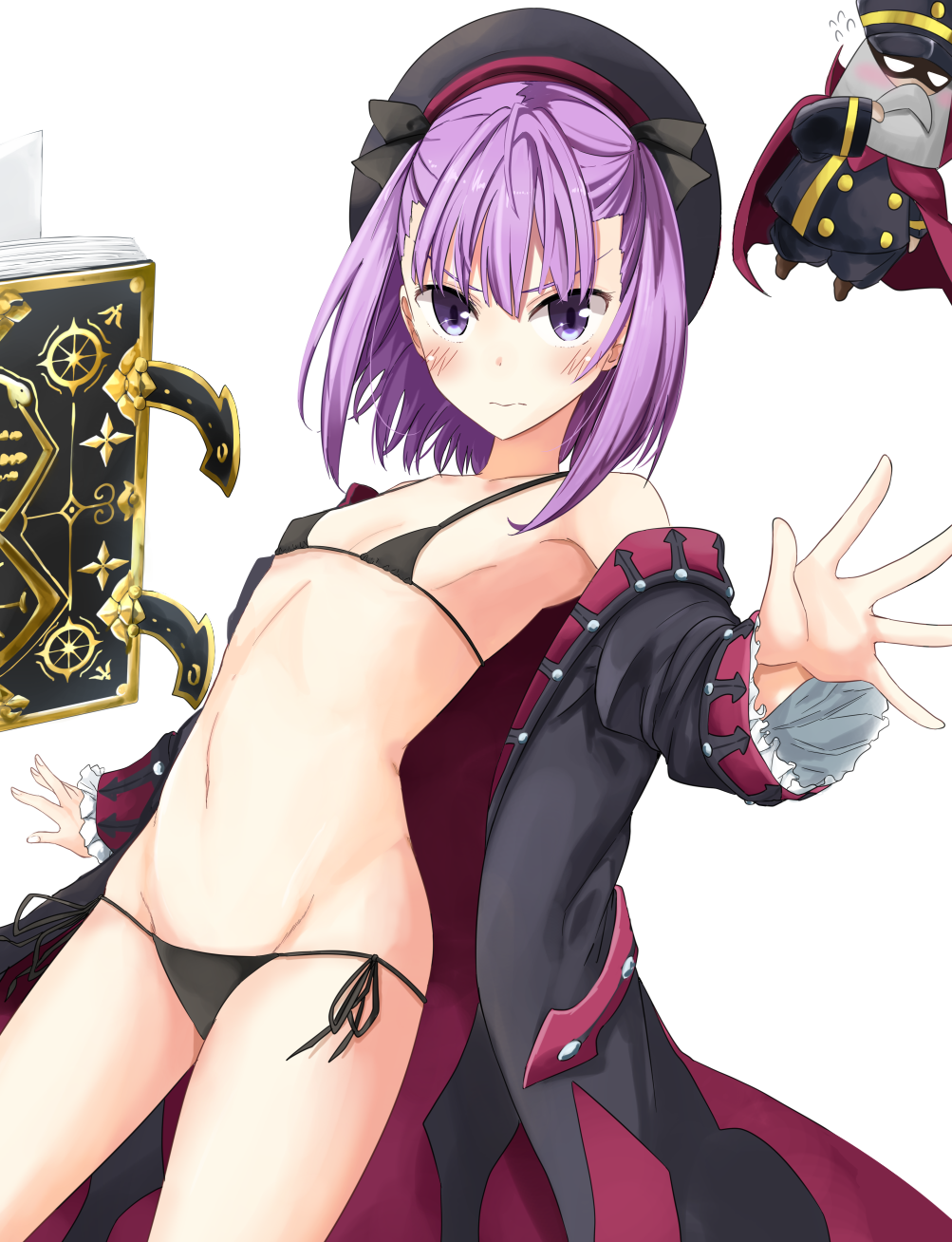 &gt;:( armpits bangs bare_shoulders beret bikini black_bikini black_coat black_hat black_ribbon blush breasts cape closed_mouth coat collarbone colonel_olcott_(fate/grand_order) commentary_request covered_nipples cowboy_shot creature double-breasted eyebrows_visible_through_hair fate/grand_order fate_(series) floating floating_book floating_object flying_sweatdrops foreshortening frilled_sleeves frills frown hair_ribbon hako_roku hat helena_blavatsky_(fate/grand_order) highres long_coat long_sleeves looking_back micro_bikini navel off_shoulder open_clothes open_coat purple_cape purple_eyes purple_hair ribbon short_hair side-tie_bikini simple_background small_breasts standing stomach swimsuit tsurime v-shaped_eyebrows white_hair