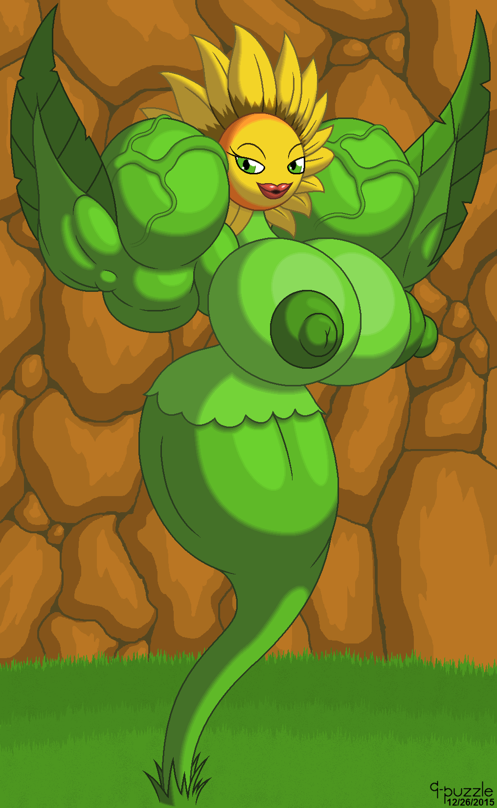 9-puzzle big_breasts blonde_hair breasts conker's_bad_fur_day detailed_background flora_fauna flower grass green_areola green_eyes green_nipples green_skin hair huge_biceps huge_breasts lipstick makeup miss_sunflower muscular nipples plant sunflower video_games