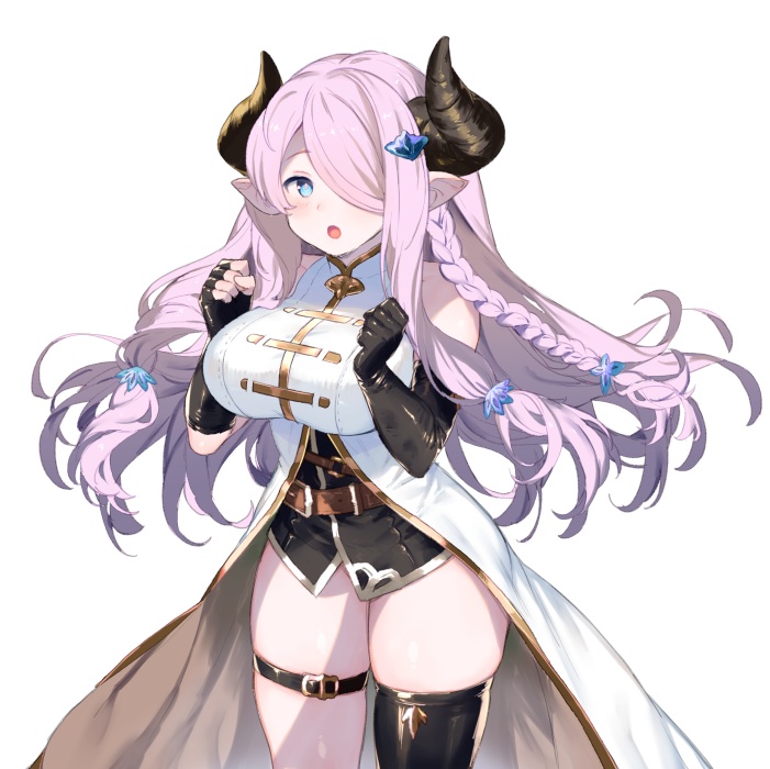 bare_shoulders black_gloves black_legwear blue_eyes blush braid breasts commentary_request cowboy_shot draph elbow_gloves fingerless_gloves gloves granblue_fantasy hair_ornament hair_over_one_eye horns large_breasts long_hair looking_at_viewer mismatched_gloves narmaya_(granblue_fantasy) open_mouth pointy_ears purple_hair side_braid simple_background single_elbow_glove single_fingerless_glove single_thighhigh sleeveless sleeveless_turtleneck solo standing tareme thigh_strap thighhighs turtleneck white_background yuuhi_homare