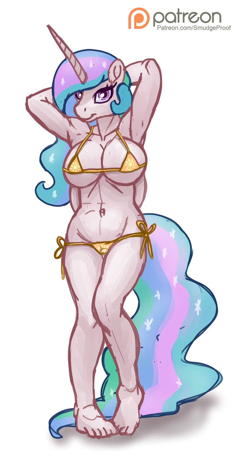 alpha_channel anthro armpits big_breasts bikini breasts clothing equine friendship_is_magic horn looking_at mammal my_little_pony navel patreon plantigrade pose princess_celestia_(mlp) simple_background sketch smudge_proof solo sun swimsuit transparent_background viewer winged_unicorn wings