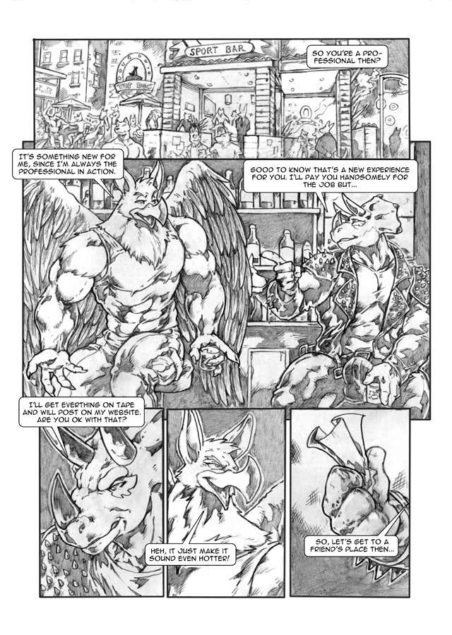 anthro avian bar bulge clothed clothing comic dialoge dinosaur duo english_text greyscale group gryphon male monochrome muscular nexus open_mouth smile text triceratops wings