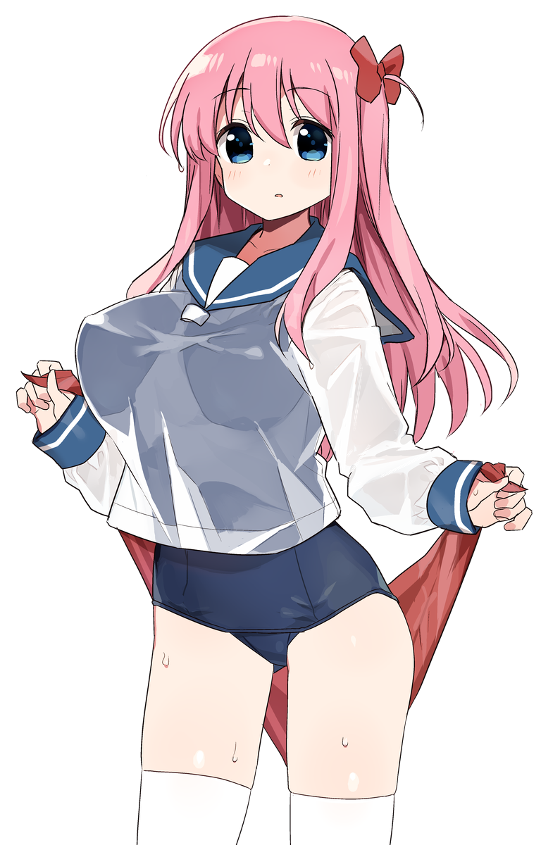 1girl :o bangs blue_eyes blue_sailor_collar blue_swimsuit bow breasts collarbone cowboy_shot eyebrows_visible_through_hair hair_between_eyes hair_bow handkerchief haramura_nodoka highres holding large_breasts long_hair long_sleeves looking_at_viewer one_side_up parted_lips pink_hair red_bow sailor_collar sailor_shirt saki school_swimsuit see-through shirt shisoneri sidelocks simple_background sleeves_past_wrists solo standing sweat swimsuit swimsuit_under_clothes thighhighs thighs wet wet_clothes white_background white_legwear white_shirt