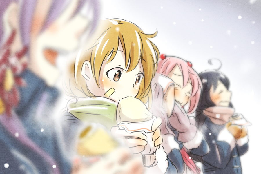 :3 ahoge akebono_(kantai_collection) bandaid bandaid_on_face baozi black_hair blurry blush brown_hair closed_eyes coat commentary_request depth_of_field eating eyebrows_visible_through_hair flower food fur gloves green_scarf hair_bobbles hair_flower hair_ornament kantai_collection long_hair multiple_girls oboro_(kantai_collection) open_mouth orange_gloves pink_gloves pink_hair pink_scarf purple_hair sazanami_(kantai_collection) scarf shakeda_mamoshirou short_hair side_ponytail snow snowing steam tareme twintails twitter_username ushio_(kantai_collection) winter winter_clothes winter_coat yellow_gloves
