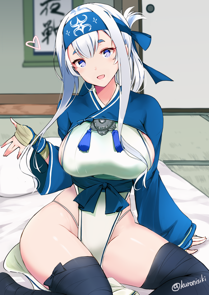 ainu_clothes arm_support artist_name bandages black_legwear blue_eyes breast_cutout breasts dress fingerless_gloves floating_heart futon gloves hachimaki hanging_scroll headband heart indoors kamoi_(kantai_collection) kantai_collection large_breasts long_hair long_sleeves looking_at_viewer open_mouth outstretched_hand pelvic_curtain ribbon scroll short_eyebrows side_slit sidelocks sitting smile solo string_panties takaharu tassel tatami thick_eyebrows thighhighs tokonoma twitter_username underbust underwear white_dress white_hair wide_sleeves wrist_guards yokozuwari