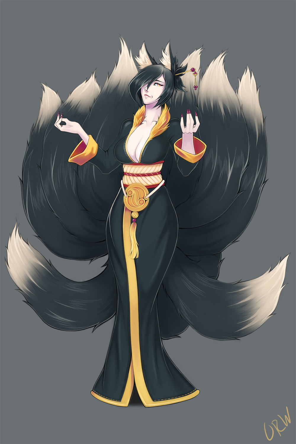 animal_humanoid big_breasts black_hair breasts canine cleavage clothed clothing colored_nails female fox fox_humanoid hair hair_over_eye hair_sticks hi_res hisame humanoid japanese_clothing kimono long_nails mammal multi_tail obi purple_nails simple_background solo urw yellow_eyes