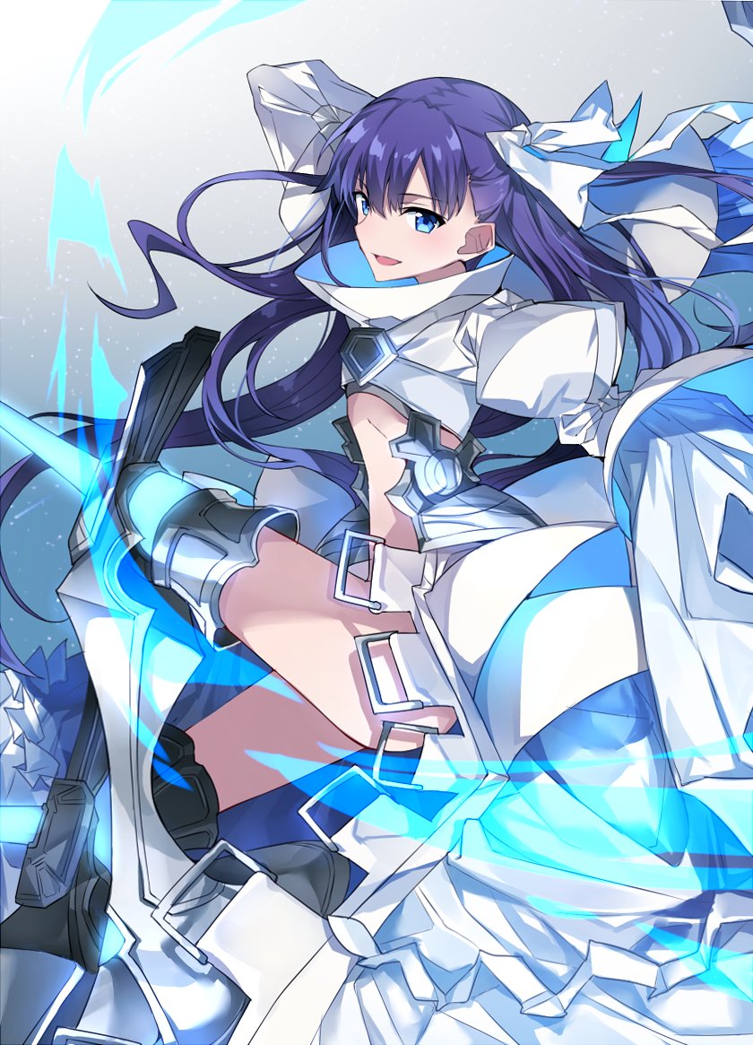 armor blue_eyes boots dress fate/extra fate/extra_ccc fate/grand_order fate_(series) from_side hair_ribbon juliet_sleeves long_hair long_sleeves looking_at_viewer meltlilith puffy_sleeves purple_hair revealing_clothes ribbon side_ponytail solo tsuedzu very_long_hair