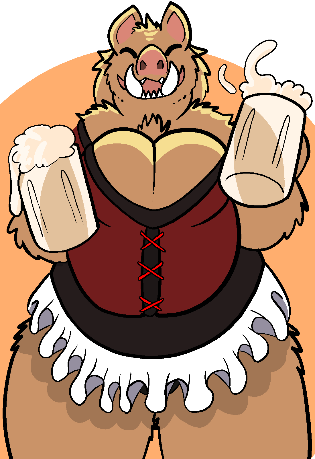 2019 alcohol anthro beer beverage big_breasts boar breasts cleavage clothed clothing corset female fur hair lingerie mammal overweight porcine skirt solo trout_(artist) tusks
