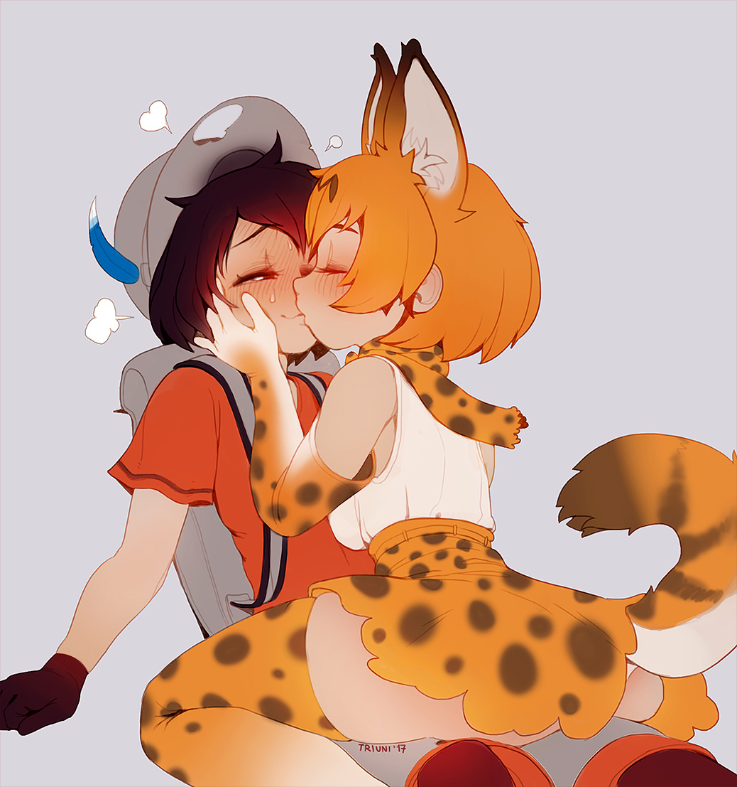 animal_ears artist_name backpack bag black_hair blonde_hair blush closed_eyes commentary dated elbow_gloves full-face_blush gloves hands_on_another's_face hat heart kaban_(kemono_friends) kemono_friends kiss multiple_girls pantyhose scarf serval_(kemono_friends) serval_ears serval_print serval_tail shorts sitting sitting_on_lap sitting_on_person skindentation skirt skirt_lift spotted_skirt steam sweat tail thighhighs triuni yuri