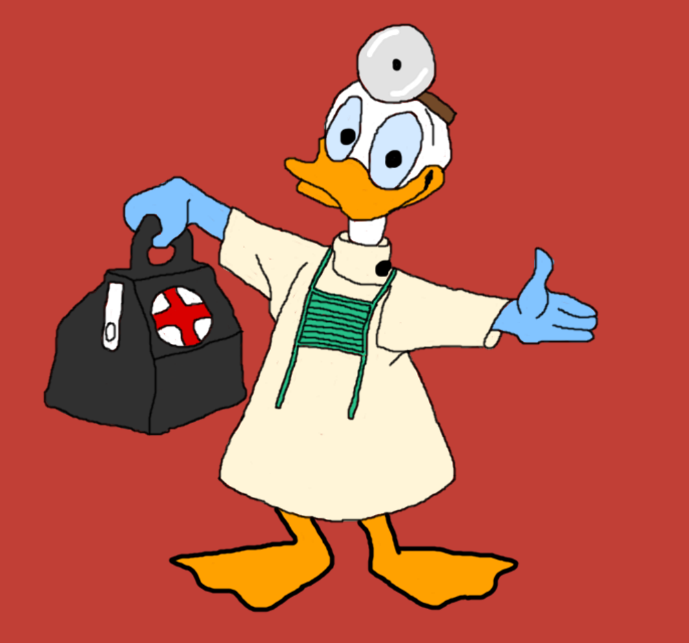 2017 anthro avian beak bird clothed clothing digital_media_(artwork) disney doctor doctor's_bag donald_duck duck gloves hospital lab_coat looking_at_viewer male mask medical simple_background smile solo standing surgical_mask uniform