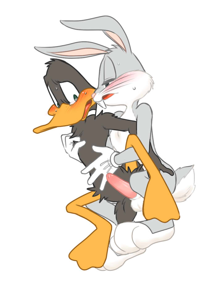 2017 alternate_version_available anthro avian balls bird blush buckteeth bugs_bunny chest_tuft clothing daffy_duck duck erection fur gloves grabbing_from_behind green_eyes hair half-closed_eyes interspecies lagomorph leg_grab looney_tunes male male/male mammal multicolored_fur open_mouth penis rabbit simple_background spreading sweat tapering_penis tears teeth torso_grab tuft two_tone_fur warner_brothers whiskers white_background zehn