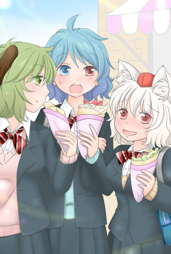 :d :o alternate_costume animal_ears blue_eyes blue_hair blush bow bowtie commentary contemporary crepe day dog_ears drooling eating eyebrows_visible_through_hair food food_on_face fruit green_eyes green_hair hand_on_another's_arm hand_up hands_up hat heart heart-shaped_pupils heterochromia holding holding_food inubashiri_momiji jacket kasodani_kyouko long_sleeves looking_at_another multiple_girls open_clothes open_jacket open_mouth outdoors red_eyes school_uniform shirt skirt smile strawberry sweatdrop sweater symbol-shaped_pupils tatara_kogasa tokin_hat touhou upper_body white_hair wing_collar wolf_ears yuzuna99