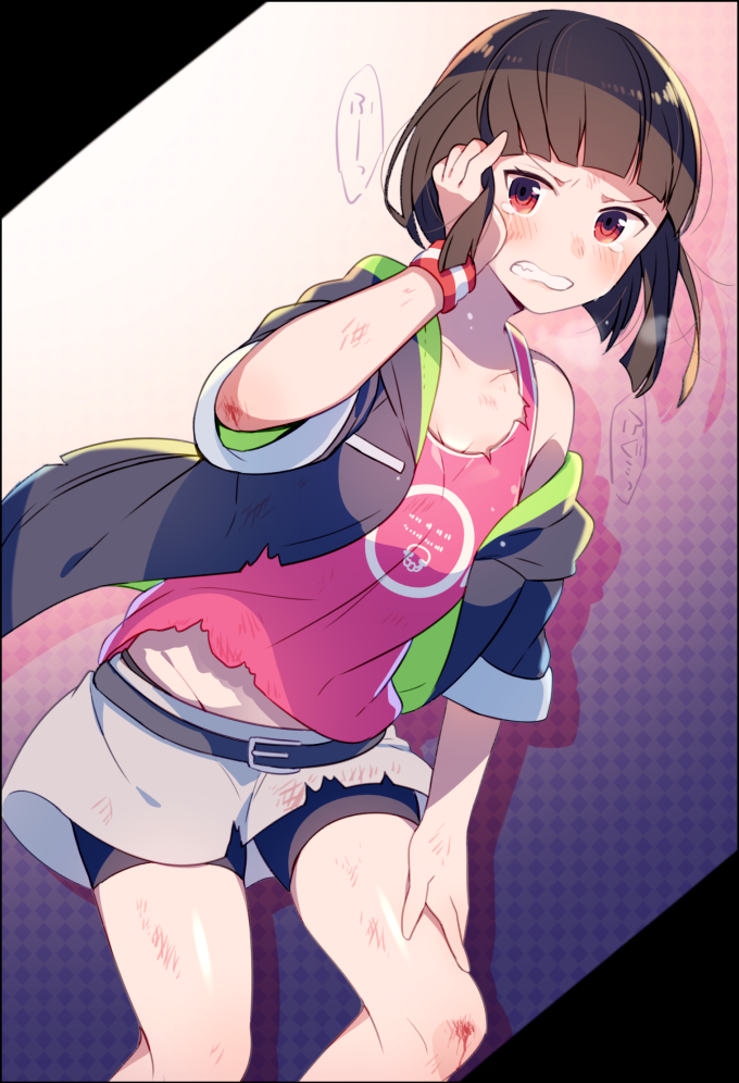 belt black_hair blush breasts commentary_request hand_on_own_face leaning_forward looking_at_viewer moe_on_drop original red_eyes short_hair small_breasts solo wristband