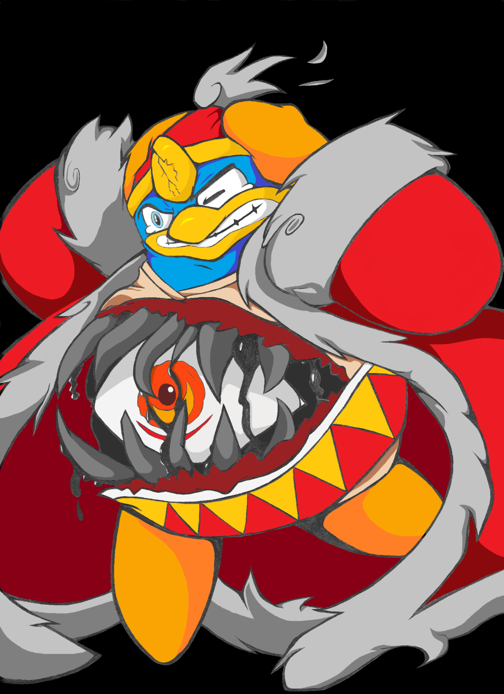 armor asmallone avian bird black_background blue_eyes coat dark_matter helmet king_dedede kirby_(series) male nintendo one_eye_closed orange_eyes penguin possession sharp_teeth simple_background solo stomach_eye stomach_mouth teeth video_games