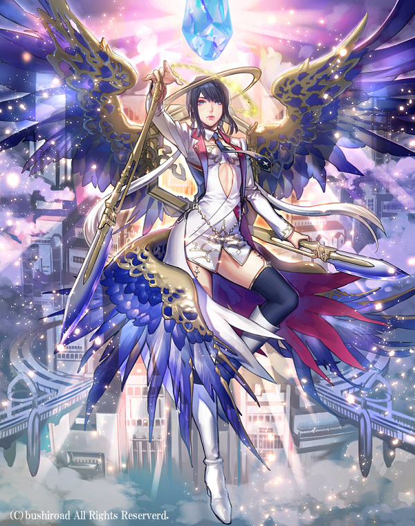 black_hair blue_eyes boots cardfight!!_vanguard cloud company_name excellence_celestial_yophiel feathered_wings gem knee_boots long_hair low_twintails multicolored_hair necktie official_art polearm solo sparkle spear thighhighs twintails two-tone_hair weapon white_footwear white_hair wings yamada_rokkaku