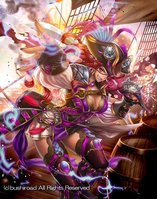 assault_command_carignan barrel braid breasts cardfight!!_vanguard cleavage coga company_name dark_skin eyepatch fang feathers fingerless_gloves fire gloves hat jewelry large_breasts long_hair nail_polish necklace official_art orange_eyes pirate_hat pointy_ears red_hair ship skull solo sword teeth thighhighs torn_clothes watercraft weapon