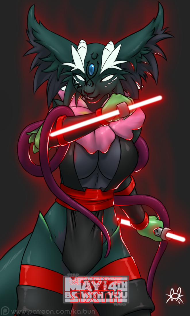 2017 anthro big_breasts boots breasts cleavage clothed clothing dual_wielding empty_eyes female footwear fur furball holding_object holding_weapon legwear multicolored_fur nightstick nipple_slip nokuri sei'ven simple_background sith skimpy smile solo thigh_highs weapon