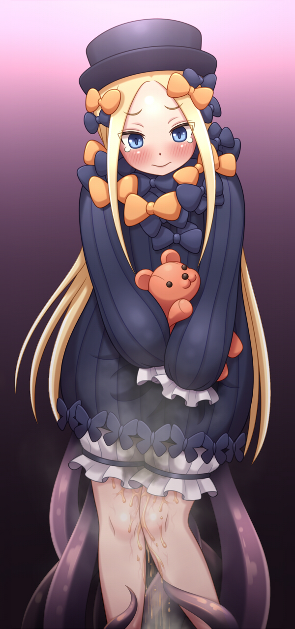 abigail_williams_(fate/grand_order) blonde_hair bloomers blue_eyes blush bow closed_mouth dress embarrassed eyebrows_visible_through_hair fate/grand_order fate_(series) female forehead gradient gradient_background gunshou hair_bow hands_together hat highres knees_together_feet_apart long_hair long_sleeves orange_bow peeing peeing_self purple_background purple_bow purple_dress purple_hat short_dress simple_background sleeves_past_fingers sleeves_past_wrists solo standing steam stuffed_bear tears tentacle underwear v_arms wet wet_clothes white_bloomers