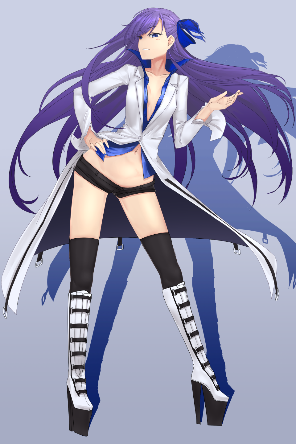 black_legwear blue_eyes boots breasts coat fate/extra fate/extra_ccc fate_(series) full_body grin hand_on_hip high_heels highres i-pan long_hair meltlilith micro_shorts navel purple_hair shorts silhouette small_breasts smile solo thighhighs