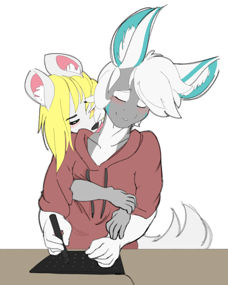 2017 andrev anthro arctic_fox bedroom_eyes biting_lip blonde_hair blue_fur blue_skin blush canine clothed clothing couple_(disambiguation) cuddling cute desk dragon drawing duo eyes_closed female flat_colors flirting fluffy flustered fox fully_clothed fur green_eyes grey_fur hair half-closed_eyes hi_res hoodie hug hugging_from_behind licking licking_neck lidded_eyes love luck_dragon male male/female mammal seductive serulean simple_background sitting smiley teasing tongue tongue_out white_background white_fur