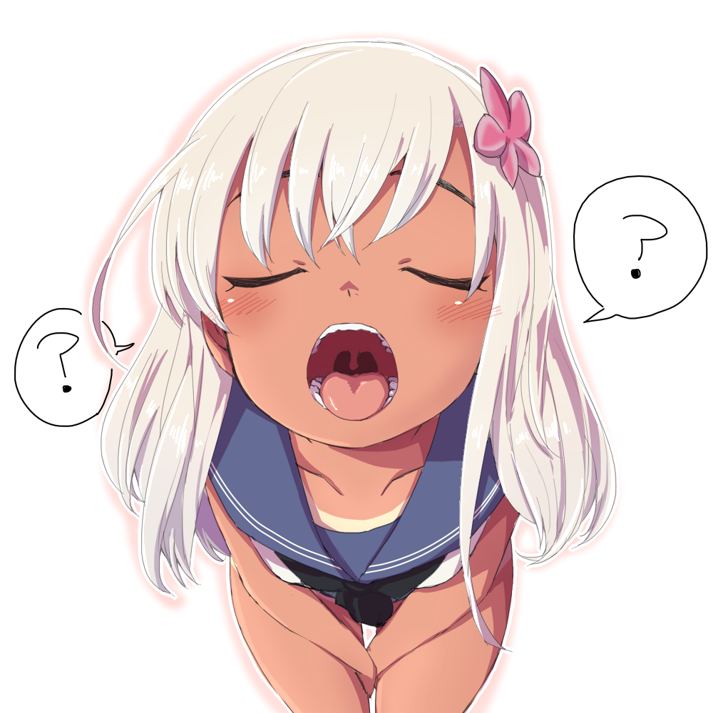 ? bangs between_legs blush closed_eyes collarbone cowboy_shot crop_top dark_skin facing_viewer flower foreshortening hair_flower hair_ornament hand_between_legs kantai_collection kato_(mogumoguokome) leaning_forward long_hair one-piece_tan open_mouth oral_invitation outline ro-500_(kantai_collection) sailor_collar simple_background solo speech_bubble spoken_question_mark standing tan tanline teeth tongue tongue_out uvula white_background white_outline