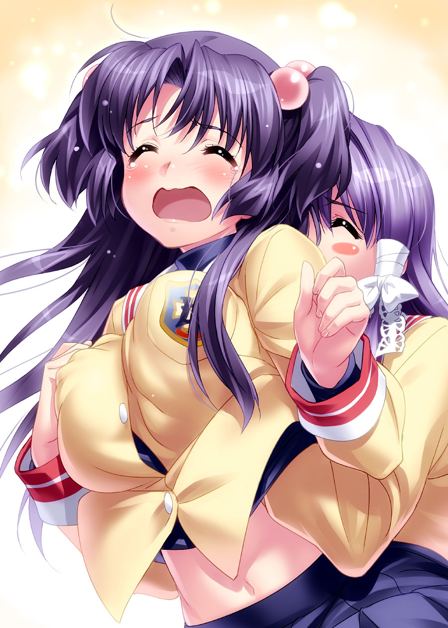 breast_grab breast_squeeze breasts clannad commentary_request eyebrows_visible_through_hair fujibayashi_kyou grabbing hair_bobbles hair_ornament hair_ribbon hand_under_clothes highres hikarizaka_private_high_school_uniform ichinose_kotomi large_breasts long_hair multiple_girls navel open_mouth purple_hair ribbon school_uniform two_side_up yuri zen