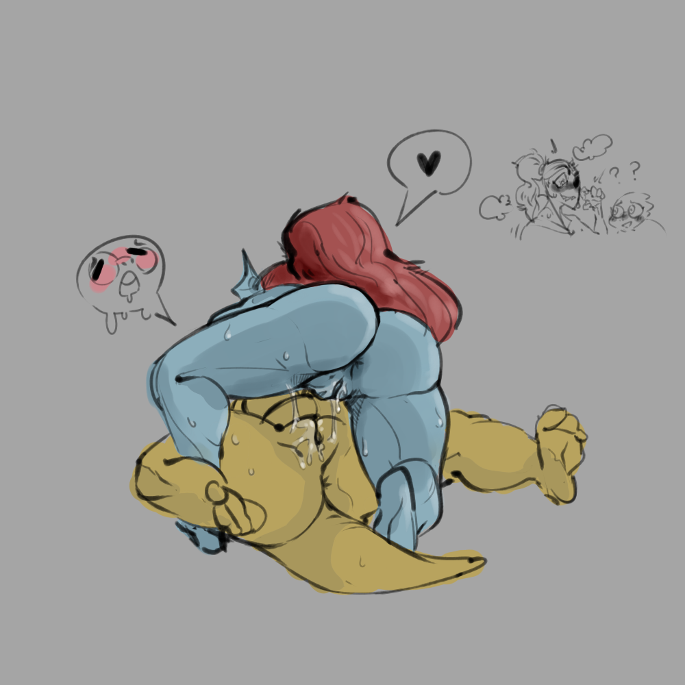 &lt;3 alphys anthro anus blush duo female grey_background looking_pleasured marmaladedoodles_(artist) on_top pussy pussy_juice pussy_juice_string sex simple_background tribadism undertale undyne video_games