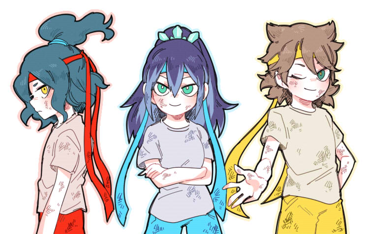 2boys brown_hair cowboy_shot crossed_arms dirty fubukihime geusaeng green_eyes green_hair high_ponytail kyuubi_(youkai_watch) looking_at_viewer multiple_boys one_eye_closed orochi_(youkai_watch) personification purple_hair simple_background smile white_background yellow_eyes youkai_watch