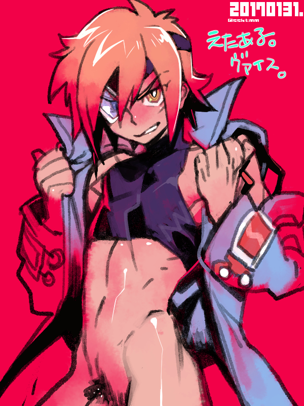 black_shirt bottomless clenched_teeth crop_top dated eternal_arcadia eyepatch fujimoto_hideaki long_coat looking_at_viewer male_focus male_pubic_hair orange_hair out-of-frame_censoring penis_peek pubic_hair red_background shirt simple_background sleeveless solo teeth vyse yellow_eyes