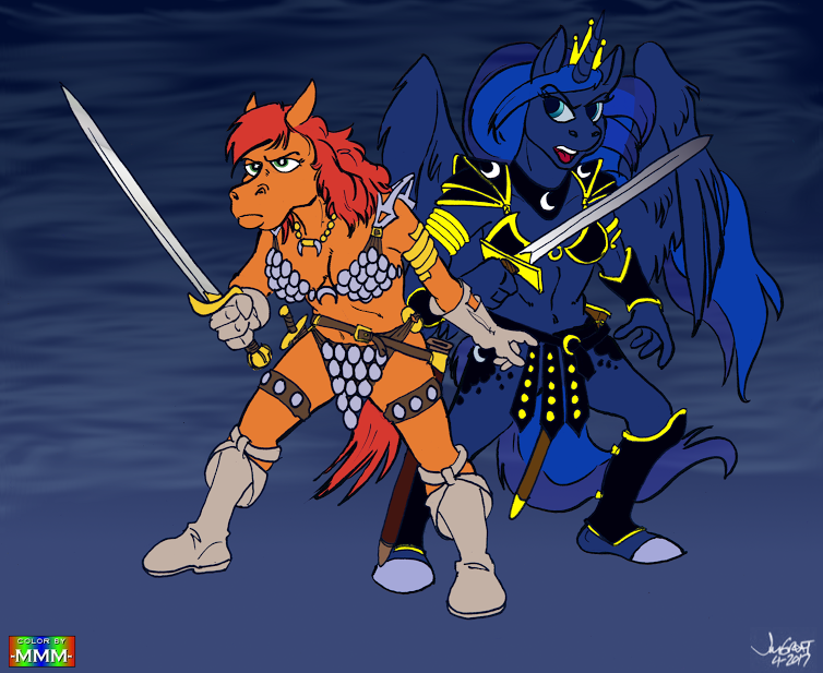 2017 anthro anthrofied armor bikini blue_hair boots breasts chainmail_bikini cleavage clothed clothing cutie_mark duo equine female footwear friendship_is_magic frown gloves hair holding_object holding_weapon horn mammal marmelmm melee_weapon my_little_pony navel princess_luna_(mlp) rabbi-tom red_hair red_shetland simple_background standing swimsuit sword unconvincing_armor vambraces weapon winged_unicorn wings