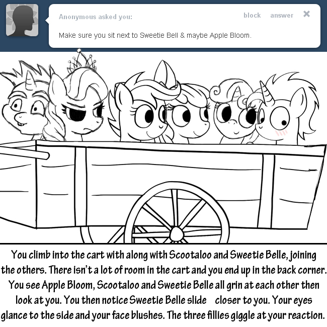 apple_bloom_(mlp) bitterplaguerat blush cart crown cutie_mark_crusaders_(mlp) dialogue earth_pony english_text equine fan_character friendship_is_magic horn horse loki_(bitterplaguerat) mammal monochrome my_little_pony pony scootaloo_(mlp) silver_spoon_(mlp) sweetie_belle_(mlp) text tiara unicorn wheel