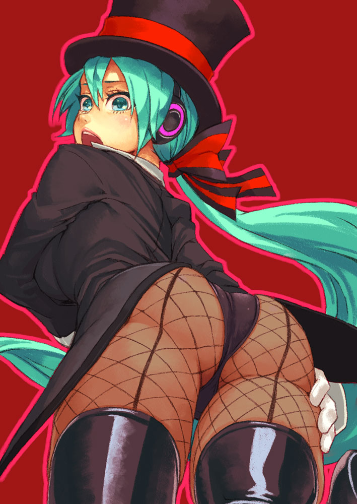 aqua_eyes aqua_hair ass bent_over black_legwear black_panties blush bow coattails commentary_request cowboy_shot fishnet_pantyhose fishnets from_behind garter_straps gloves hair_between_eyes hair_bow hat hat_ribbon hatsune_miku headphones long_hair long_sleeves looking_at_viewer looking_back low_ponytail magician miracle_paint_(vocaloid) open_mouth outline panties pantyhose project_diva project_diva_(series) ribbon solo tailcoat thighhighs top_hat underwear very_long_hair vocaloid white_gloves yuuji_(and)