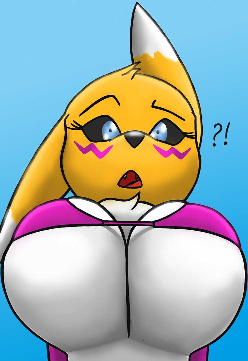 ?! anthro big_breasts bikini breasts clothing creatiffy digimon female huge_breasts renamon solo swimsuit under_boob