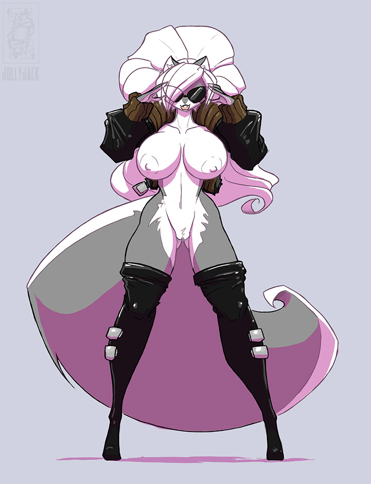 anthro bare_breasts big_breasts boots breasts chloe_sinclaire clothing conditional_dnp eyewear female footwear hair jacket jollyjack legwear mammal mephitid nipples pussy skunk solo striped_skunk sunglasses thigh_high_boots white_hair
