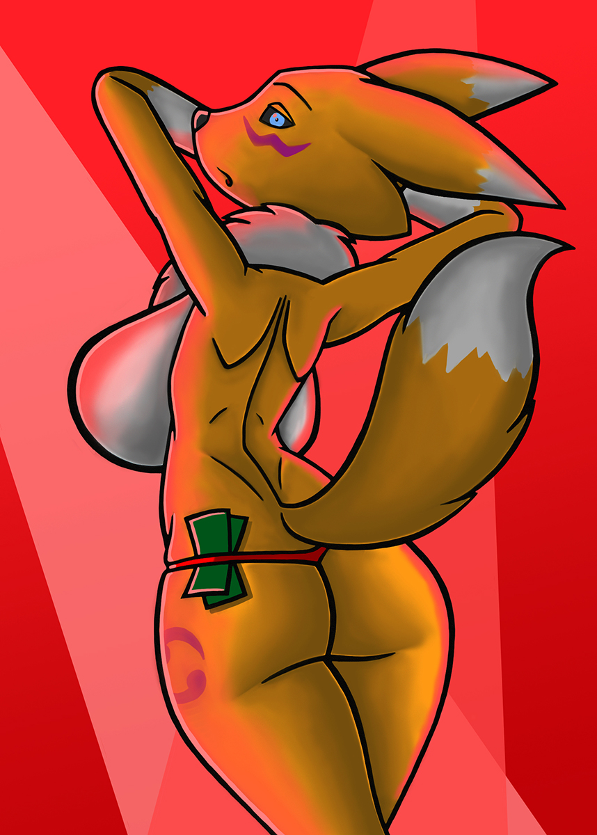 anthro big_breasts big_butt breasts butt clothed clothing creatiffy digimon female huge_breasts renamon solo topless