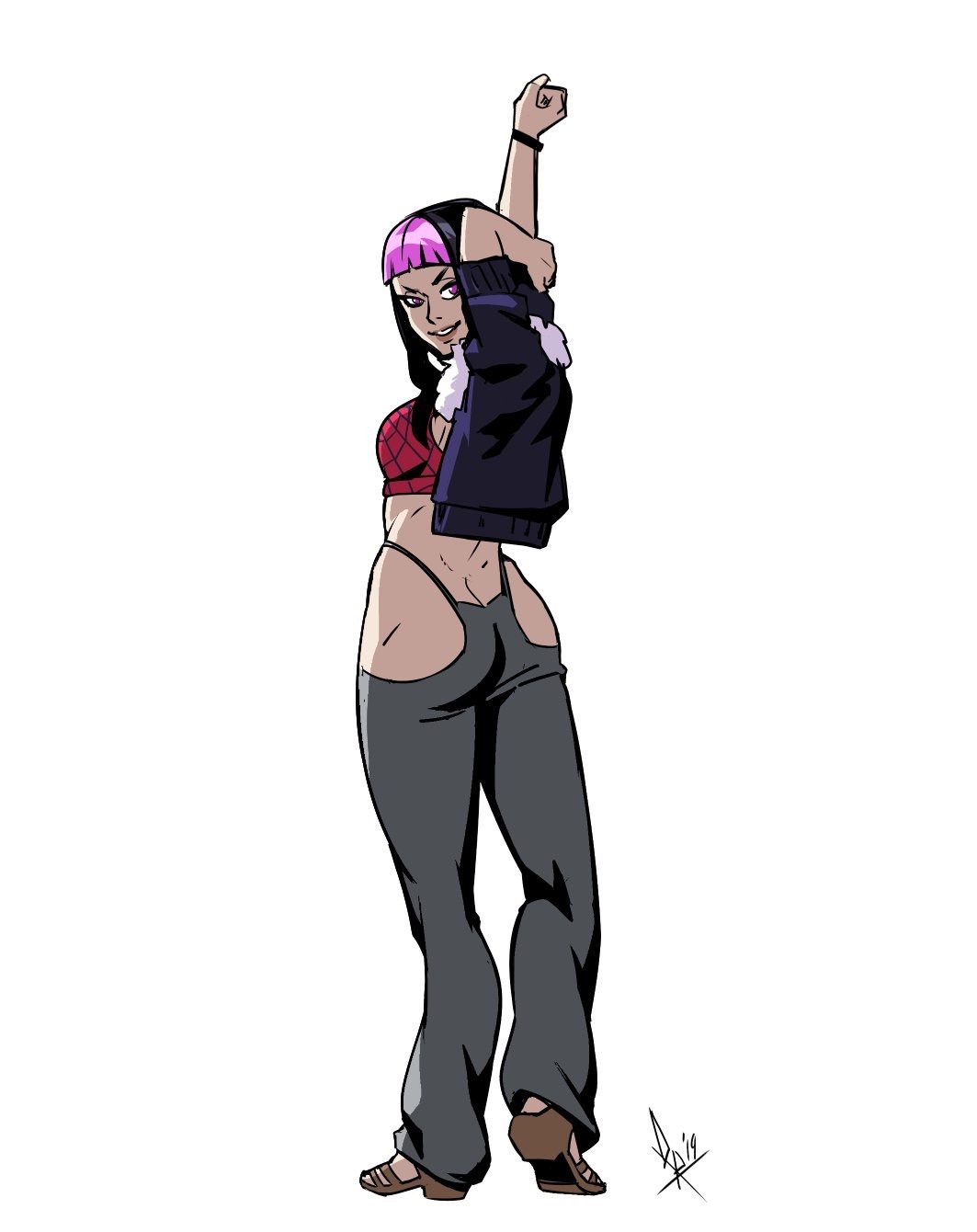 1girl alternate_costume arms_up ass black_hair bracelet breasts butt_crack casual crop_top cropped_jacket diepod flat_ass from_behind full_body fur_collar grin han_juri highleg highres jacket jewelry lips looking_back medium_breasts medium_hair open_clothes open_jacket pants pink_hair purple_eyes sandals smile solo spider_web_print street_fighter street_fighter_iv_(series) stretch