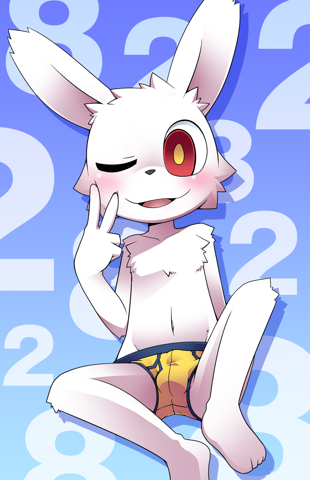 antrobulge blush briefs bulge clothing cub lagomorph male mammal open_mouth rabbit red_eyes simple_background sitting solo underwear v-sign yellow_pupils young 鴻上