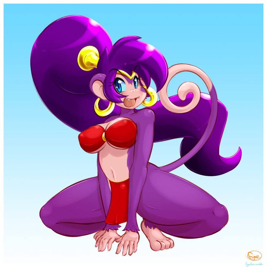 5_fingers 5_toes anthro bare_shoulders barefoot big_breasts blue_eyes breasts cleavage clothed clothing crouching ear_piercing eyebrows eyelashes female fyxe_(artist) hair loincloth long_hair looking_at_viewer mammal midriff monkey navel nipple_bulge open_mouth piercing ponytail primate purple_hair shantae shantae_(series) smile solo spread_legs spreading thick_thighs toes under_boob