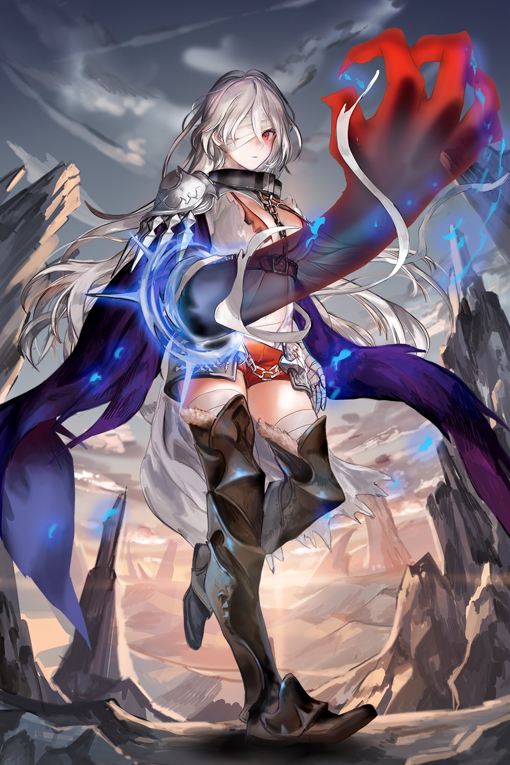 artist_request bandage_over_one_eye bandaged_arm bandages black_legwear breasts chain collar false_arm greaves highres large_breasts long_hair looking_at_viewer navel outdoors pauldrons red_eyes short_shorts shorts silver_hair solo thighhighs valkyrie_connect very_long_hair