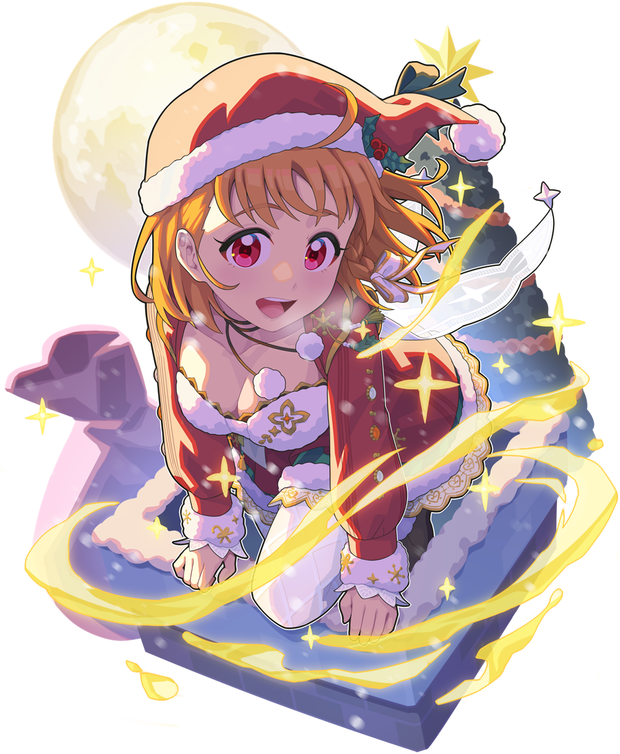 1girl ahoge bow braid breasts chimney christmas christmas_ornaments christmas_tree cleavage collarbone commentary_request dress full_moon fur-trimmed_dress fur-trimmed_headwear fur_trim hair_bow hat long_sleeves looking_at_viewer love_live! love_live!_sunshine!! medium_breasts moon open_mouth orange_hair pom_pom_(clothes) red_eyes red_headwear ribbon sack santa_costume santa_dress santa_hat short_hair side_braid smile snow solo takami_chika teeth tongue transparent_background tree waste-man yellow_ribbon
