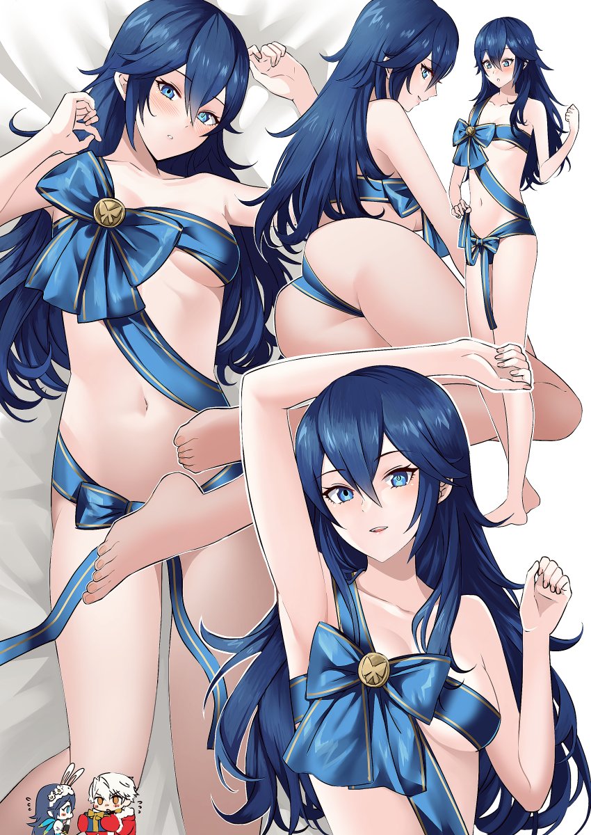 1boy 1girl ameno_(a_meno0) ass barefoot bed_sheet blue_eyes blue_hair blue_ribbon blush breasts chibi christmas fingernails fire_emblem fire_emblem_awakening fire_emblem_heroes gift highres long_hair looking_at_viewer lucina_(fire_emblem) lucina_(spring)_(fire_emblem) multiple_views naked_ribbon navel parted_lips ribbon robin_(fire_emblem) robin_(male)_(fire_emblem) robin_(male)_(winter)_(fire_emblem) simple_background small_breasts smile symbol-shaped_pupils toes white_background