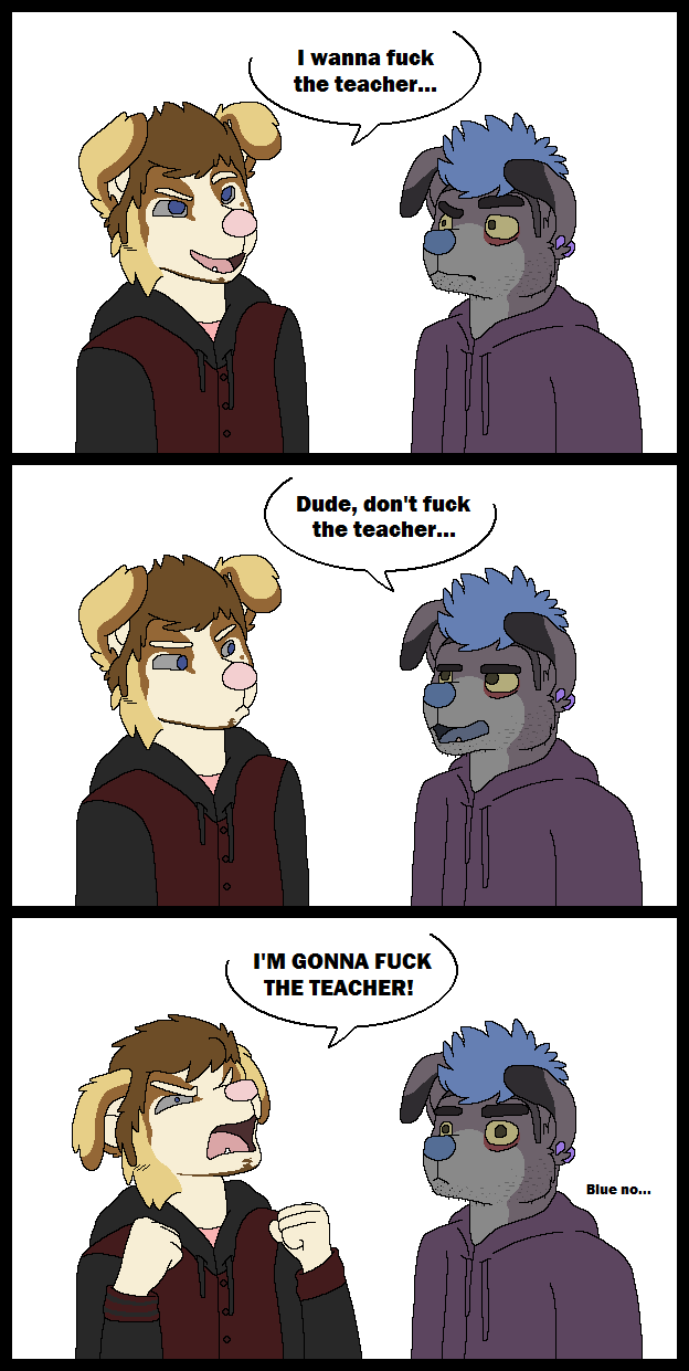 2015 3_panel_comic aliasing annoyed anthro bird_dog black_border black_text blue_(bluekyokitty) blue_hair blue_nose blue_tongue bluekyokitty border brown_body brown_fur brown_hair button_ears canid canine canis cheek_tuft chow_chow clothed clothing comic dialogue digital_drawing_(artwork) digital_media_(artwork) domestic_dog duo ear_piercing ear_ring ears_down english_text eye_bags eye_contact eyebrows facial_tuft fist flat_colors floppy_ears fur golden_retriever grey_body grey_fur grey_sclera hair hi_res hoodie humor hunting_dog looking_at_another mammal mixed_breed open_mouth piercing pink_nose pink_tongue pivoted_ears profanity purple_clothing purple_hoodie purple_topwear raised_eyebrow retriever ring_piercing sebdoggo simple_background snout spitz stubble suggestive_dialogue text tongue topwear trans_(lore) trans_man_(lore) tuft white_background white_body white_fur yellow_body yellow_fur yellow_sclera