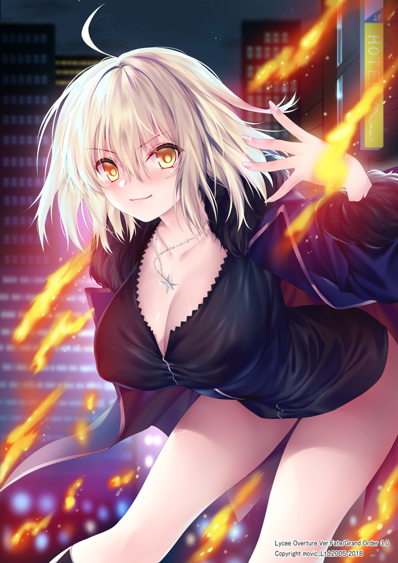 1girl ahoge bangs black_dress blue_coat blush breasts cleavage closed_mouth coat dress fate/grand_order fate_(series) fire fur-trimmed_coat fur_trim hair_between_eyes jeanne_d'arc_(alter)_(fate) jeanne_d'arc_(fate)_(all) jeanne_d'arc_(alter)_(fate) jeanne_d'arc_(fate)_(all) jewelry large_breasts leaning_forward looking_at_viewer necklace obiwan open_clothes open_coat short_dress short_hair silver_hair smile solo thighs wicked_dragon_witch_ver._shinjuku_1999 yellow_eyes