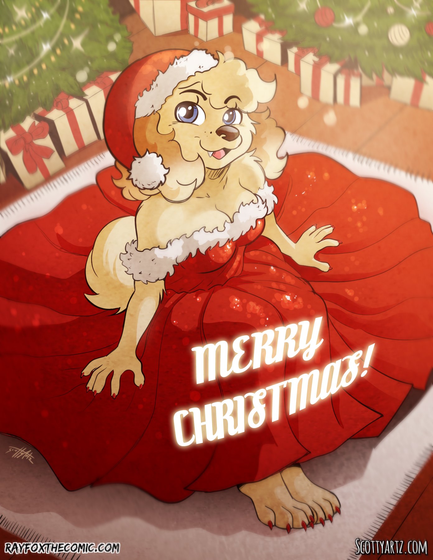 2023 4_toes 5_fingers ally_(ray_fox) anthro barefoot bird_dog black_nose breasts canid canine canis christmas christmas_clothing christmas_dress christmas_headwear christmas_tree claws cleavage clothed clothing domestic_dog dress english_text fangs feet female finger_claws fingers gift golden_retriever hat headgear headwear hi_res hindpaw holidays humanoid_hands hunting_dog mammal open_mouth open_smile paws plant ray_fox redraw retriever santa_hat scottytheman sitting smile solo teeth text toe_claws toes tongue tree url