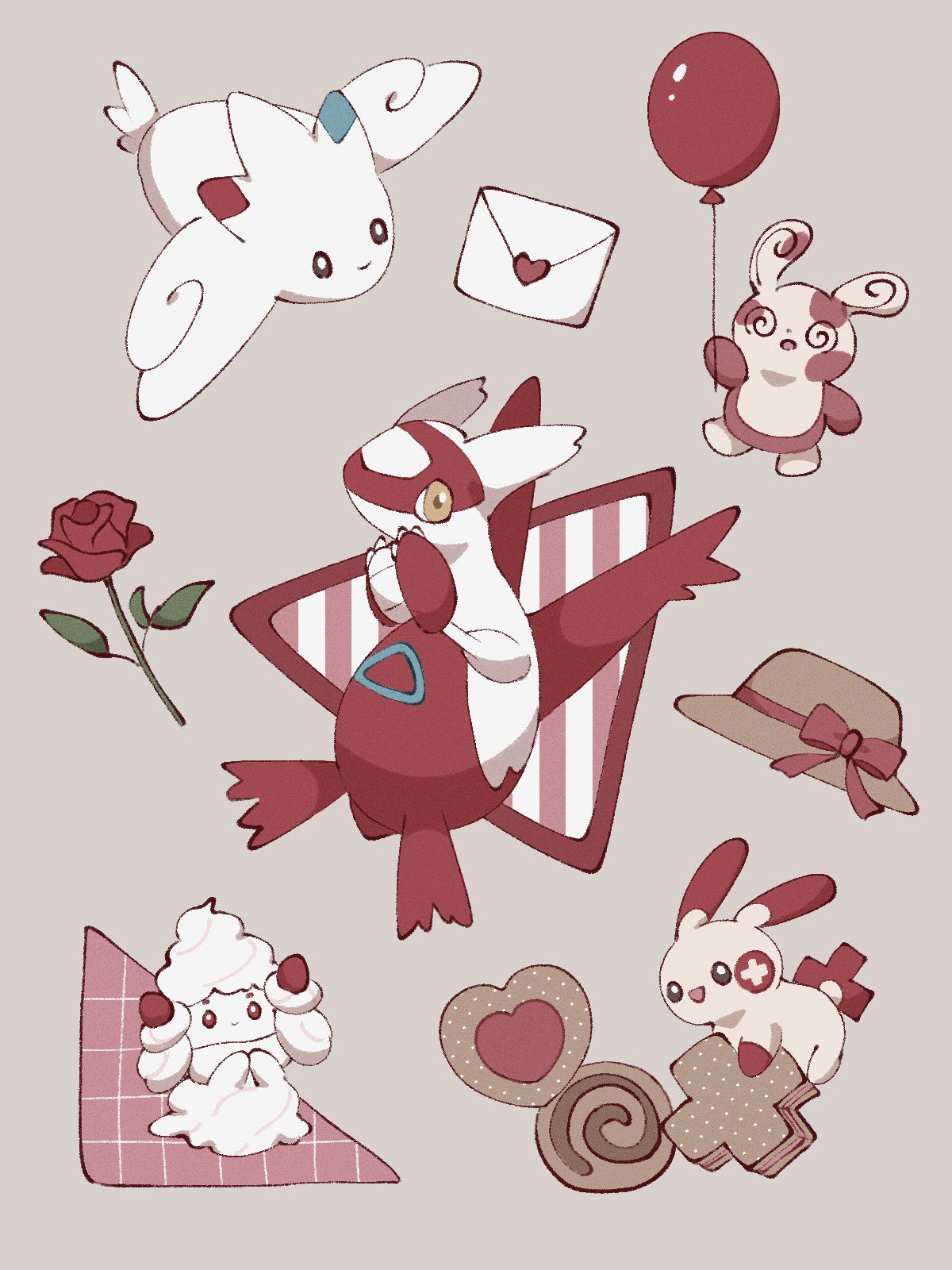 :d alcremie animal_focus balloon black_eyes bow claws colored_skin envelope flower grey_background highres latias no_humans plusle pokemon pokemon_(creature) red_bow red_flower red_rose rose smile spinda sumi_fms tail togekiss white_skin wings yellow_eyes