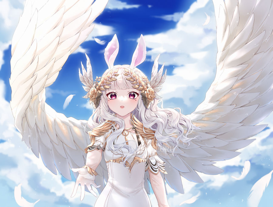 1girl angel_wings animal_ears beckoning blue_sky cloud commentary commission day dress eloru english_commentary eyelashes feathered_wings feathers flower gloves hair_flower hair_ornament laurel_crown light_blush long_hair looking_at_viewer mole mole_under_eye original outdoors parted_lips rabbit_ears reaching reaching_towards_viewer red_eyes red_lips rose short_sleeves shoulder_pads sky solo teeth upper_body wavy_hair white_dress white_gloves white_hair white_sleeves white_wings wings