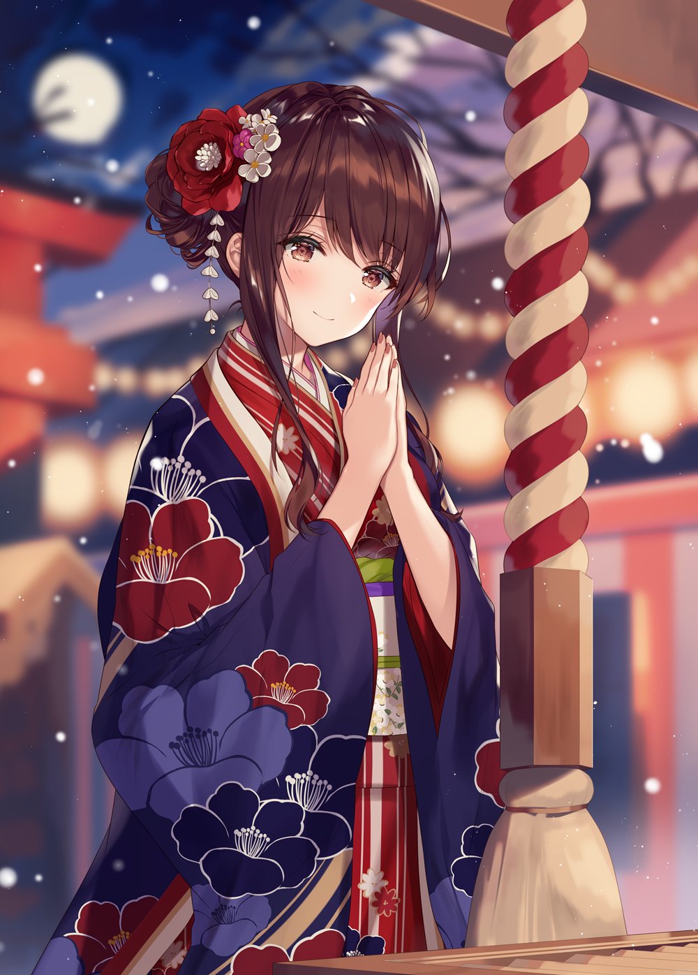 1girl bangs bare_tree blurry blurry_background blush brown_eyes brown_hair closed_mouth commentary_request depth_of_field eyebrows_visible_through_hair floral_print flower full_moon hair_bun hair_flower hair_ornament hands_together hands_up haori head_tilt highres japanese_clothes kanzashi kimono light_particles long_hair long_sleeves looking_at_viewer moon nail_polish necomi night night_sky obi original outdoors print_kimono red_flower red_kimono red_nails sash sidelocks sky smile solo torii tree upper_body white_flower wide_sleeves